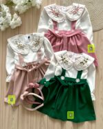 لباس دخترانه سارافن ساسبندی یقه گل دار همراه تل - Image 2